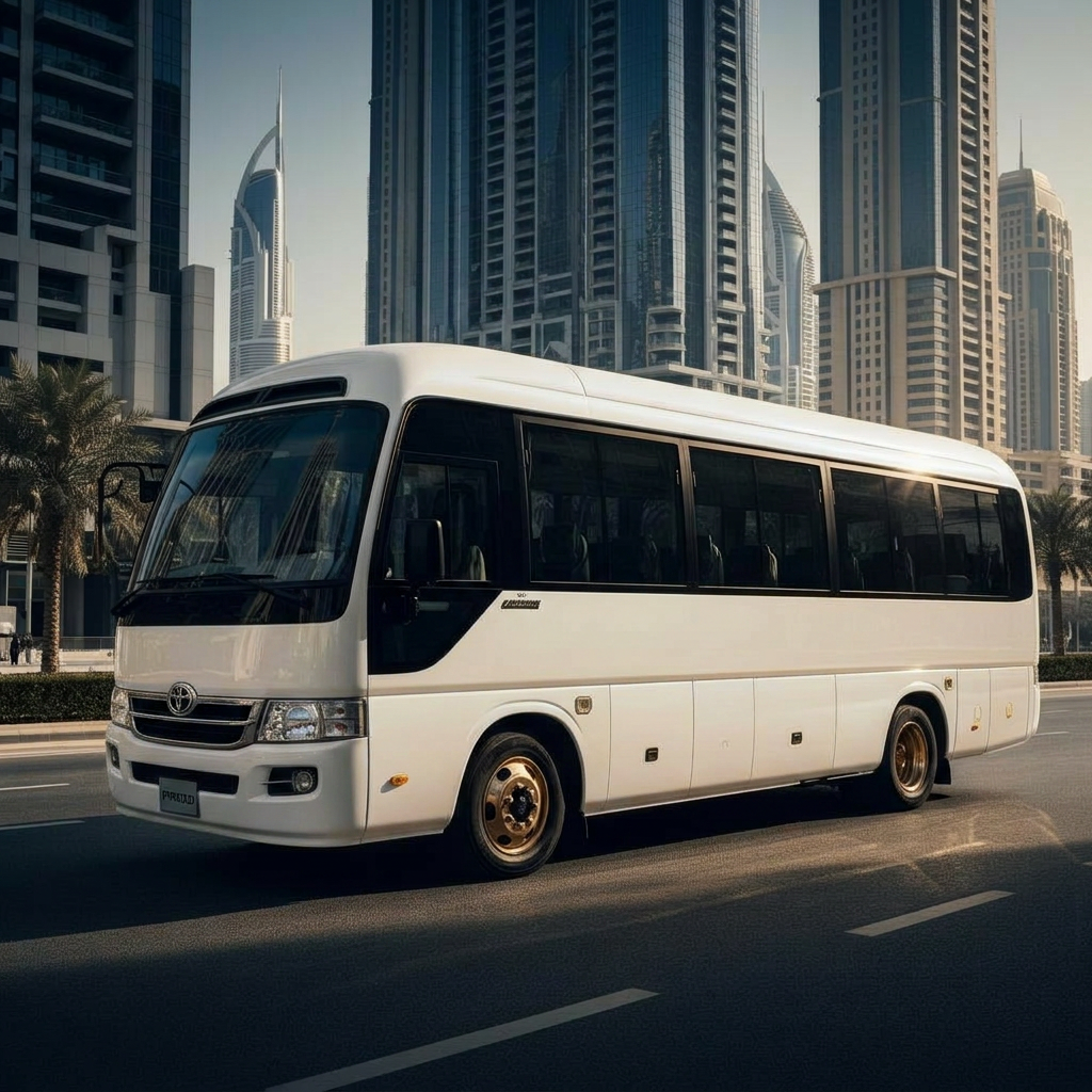 Yellow Toyota Coaster bus parked in Dubai