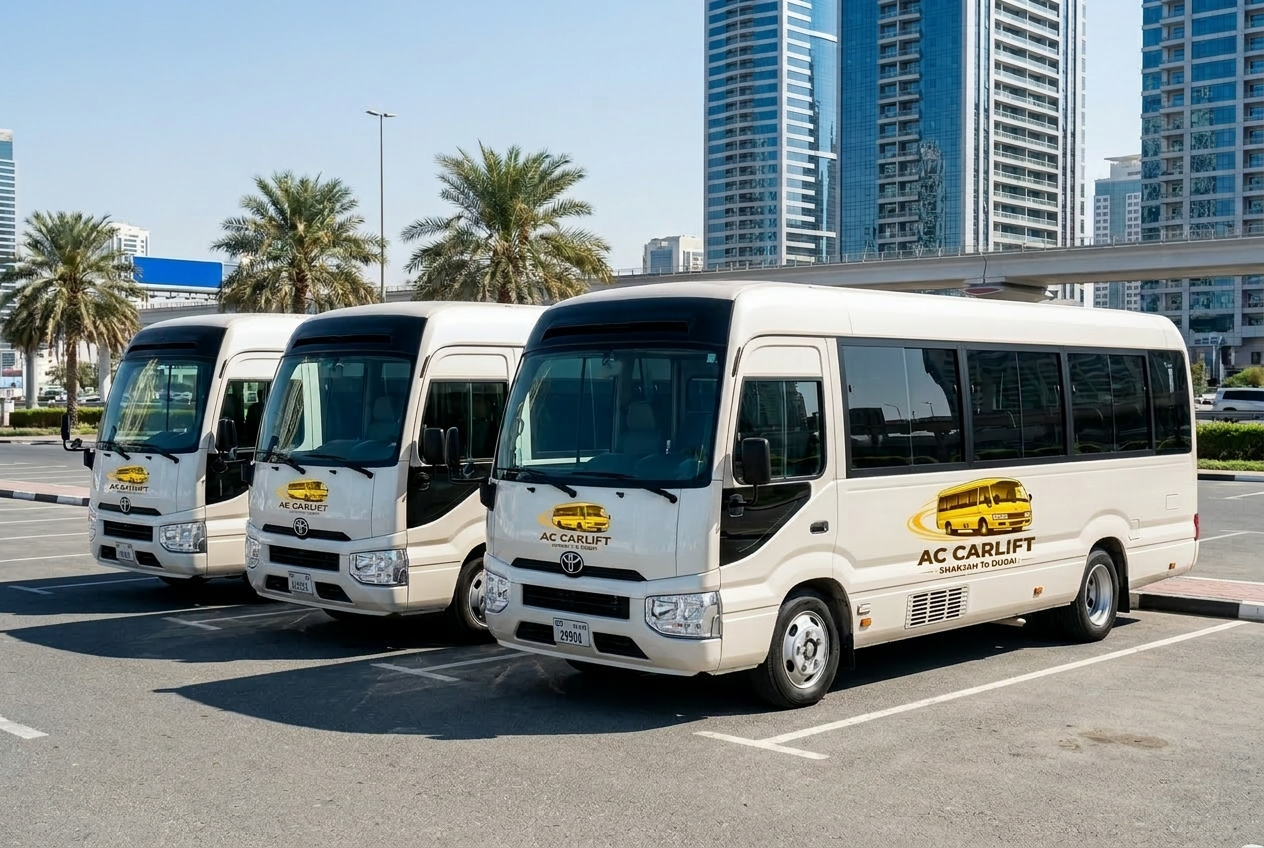 AC Carlift Toyota Coaster fleet lined up in Dubai for Sharjah to Dubai daily pick and drop